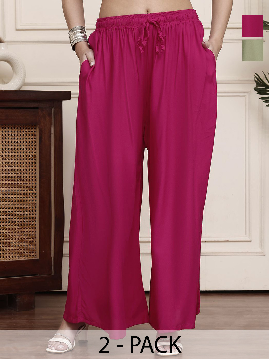 Valles365 by S.C. Women Solid Flared Partially Elasticated Palazzos Pack Of 2