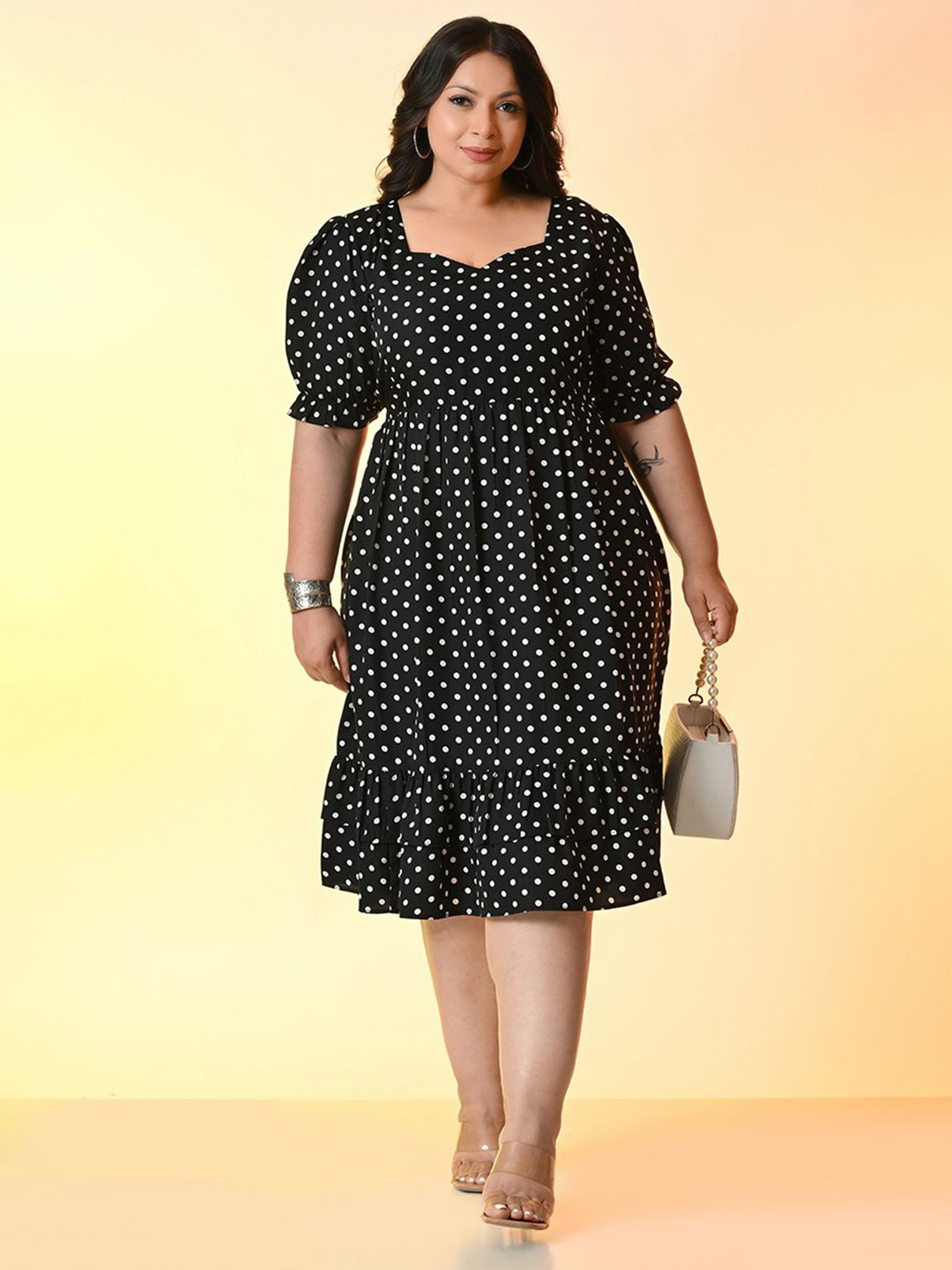 PrettyPlus by Desinoor.com Plus Size Black Polka Dot Dress