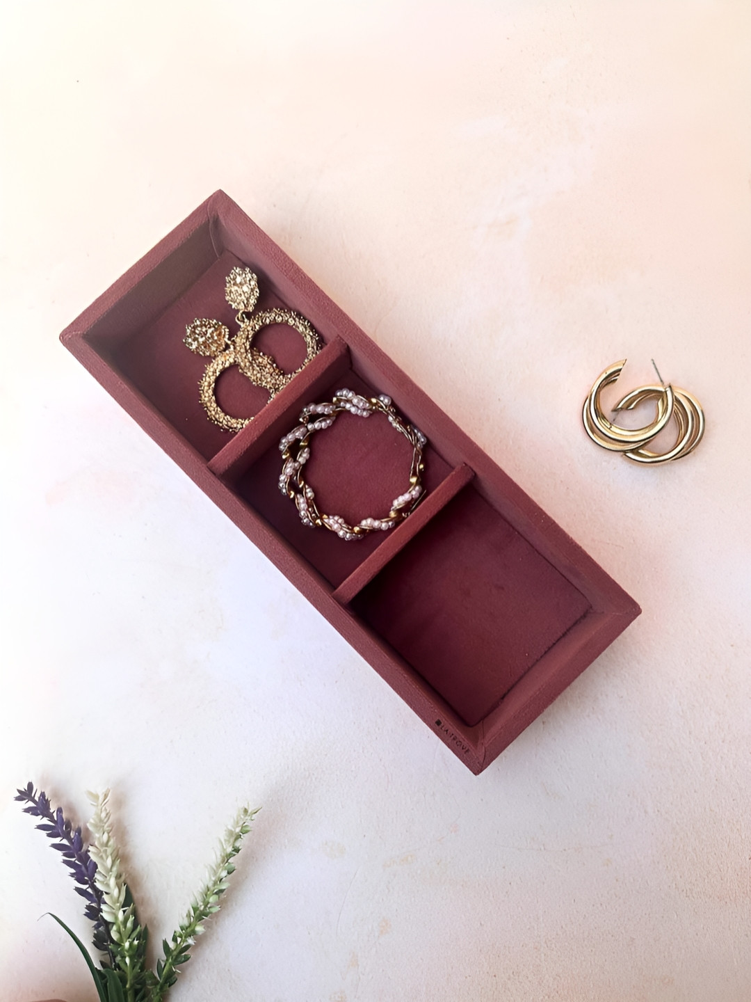 La Trove 3 Grid Darkpink Micro Lewellery Velvet Organizer Tray