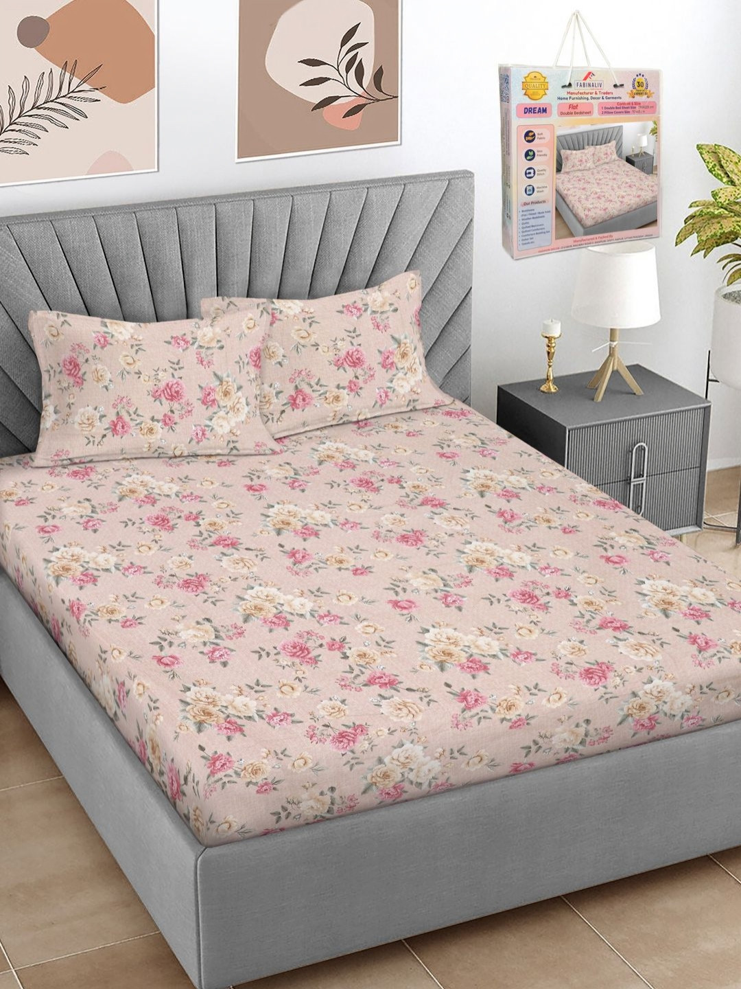 FABINALIV Peach-Coloured & Pink Floral Printed 300 TC King Bedsheet Set 2.50 m x 2.25 m