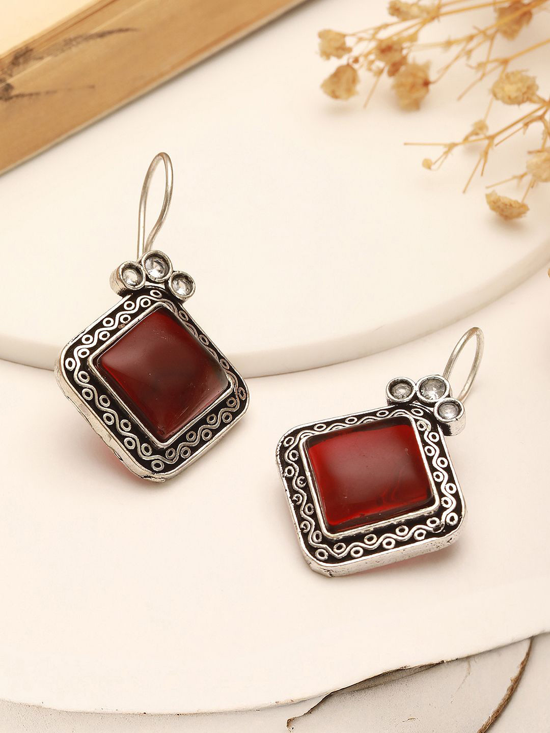 Saraf RS Jewellery Rhodium Plated Artificial Stones Studded Oxidised Square Drop Earrings