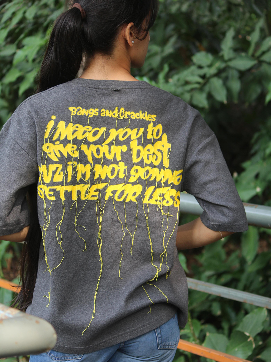 BANGS AND CRACKLES Typography Printed Drop-Shoulder Sleeves Pure Cotton T-shirt