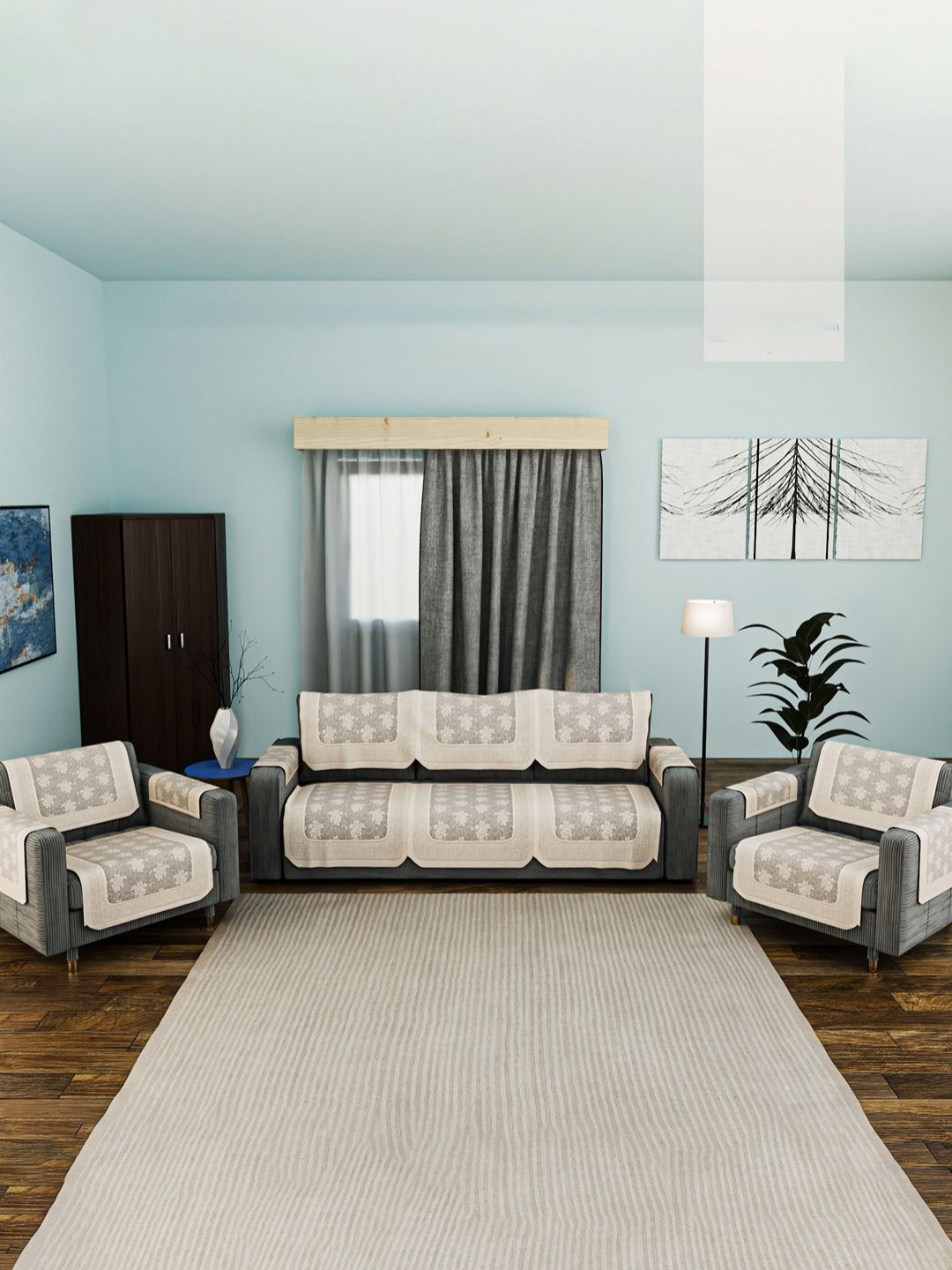 RUBOXA Coffee Brown & Cream Colored 16 Pieces Cotton 5 Seater Sofa Cover With Arms