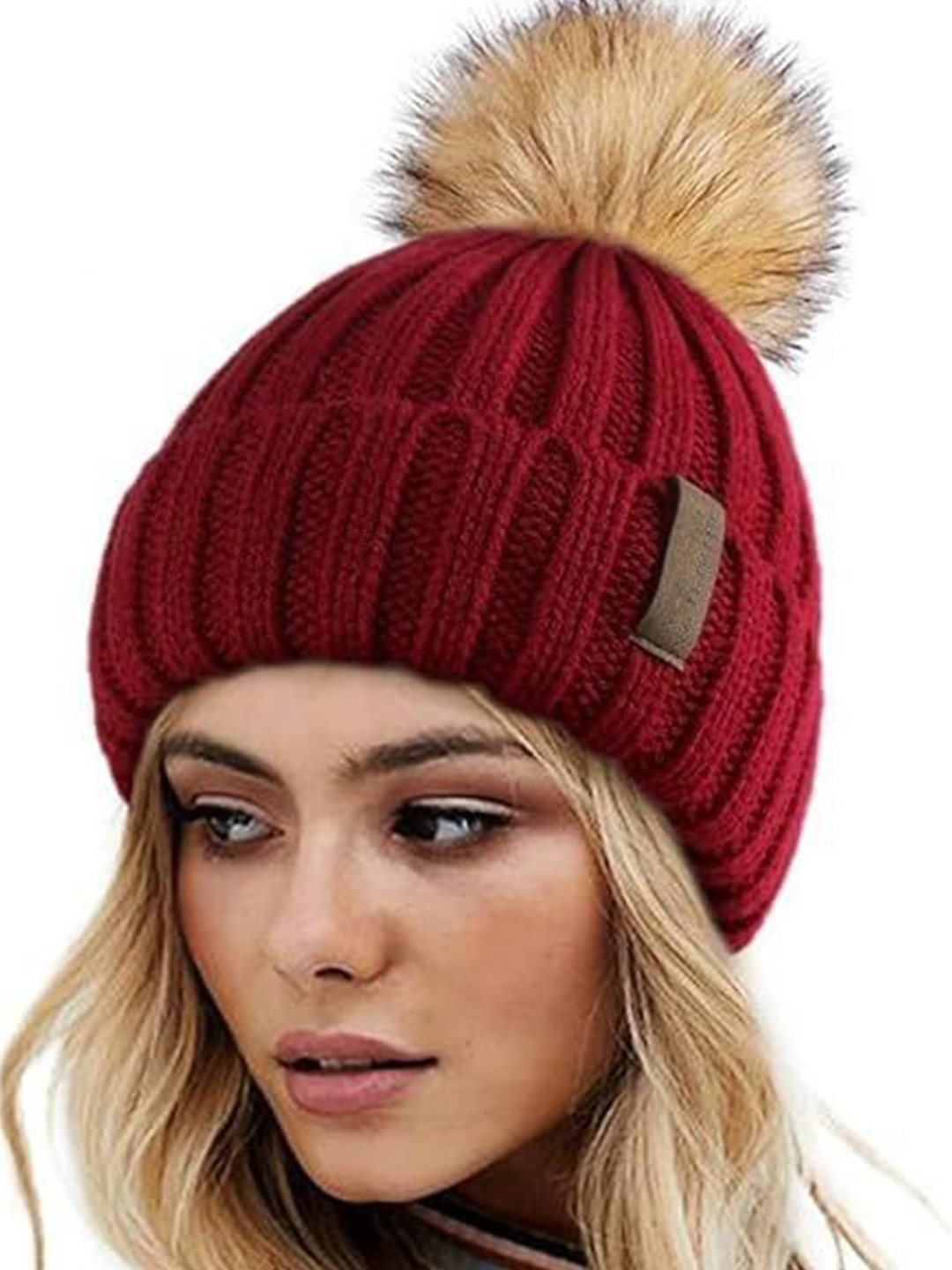 Gajraj Women Pom Pom Red Beanie Cap