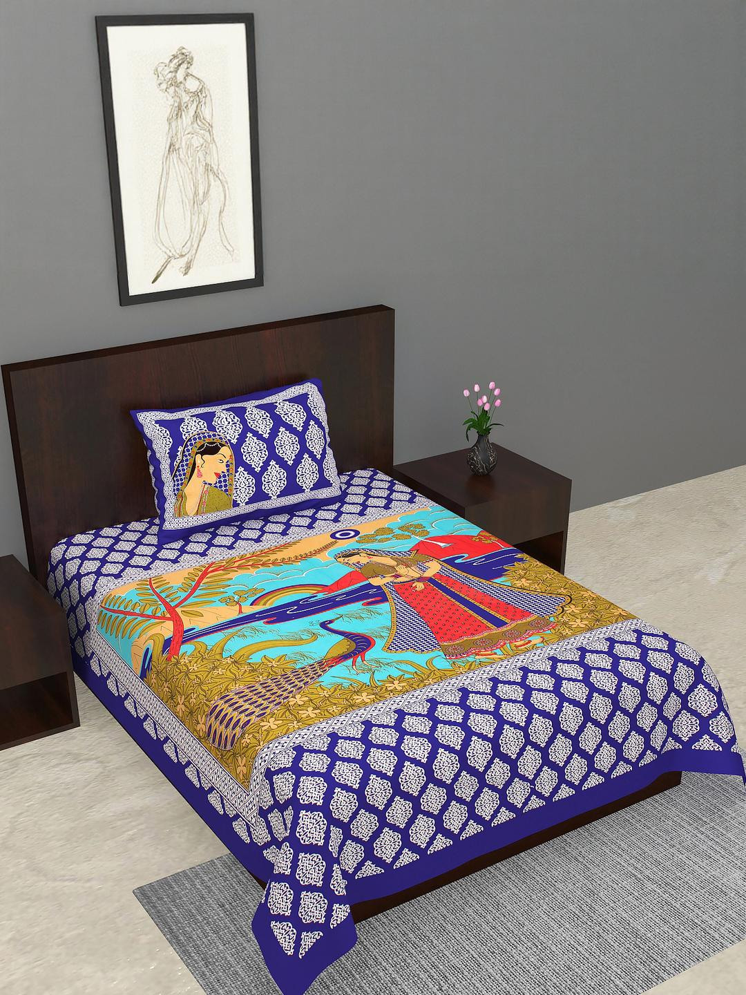 Salgia Blue & White Ethnic Motifs 144 TC Single Bedsheet with 1 Pillow Covers