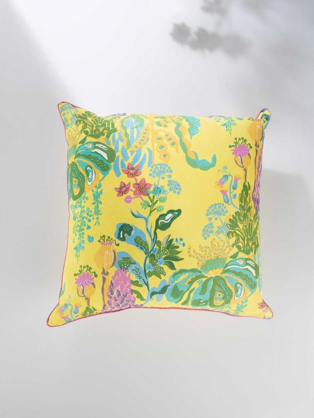 FREEDOM TREE Kachnar Herringbone Yellow & Green Floral Printed Cotton Square Cushion Cover