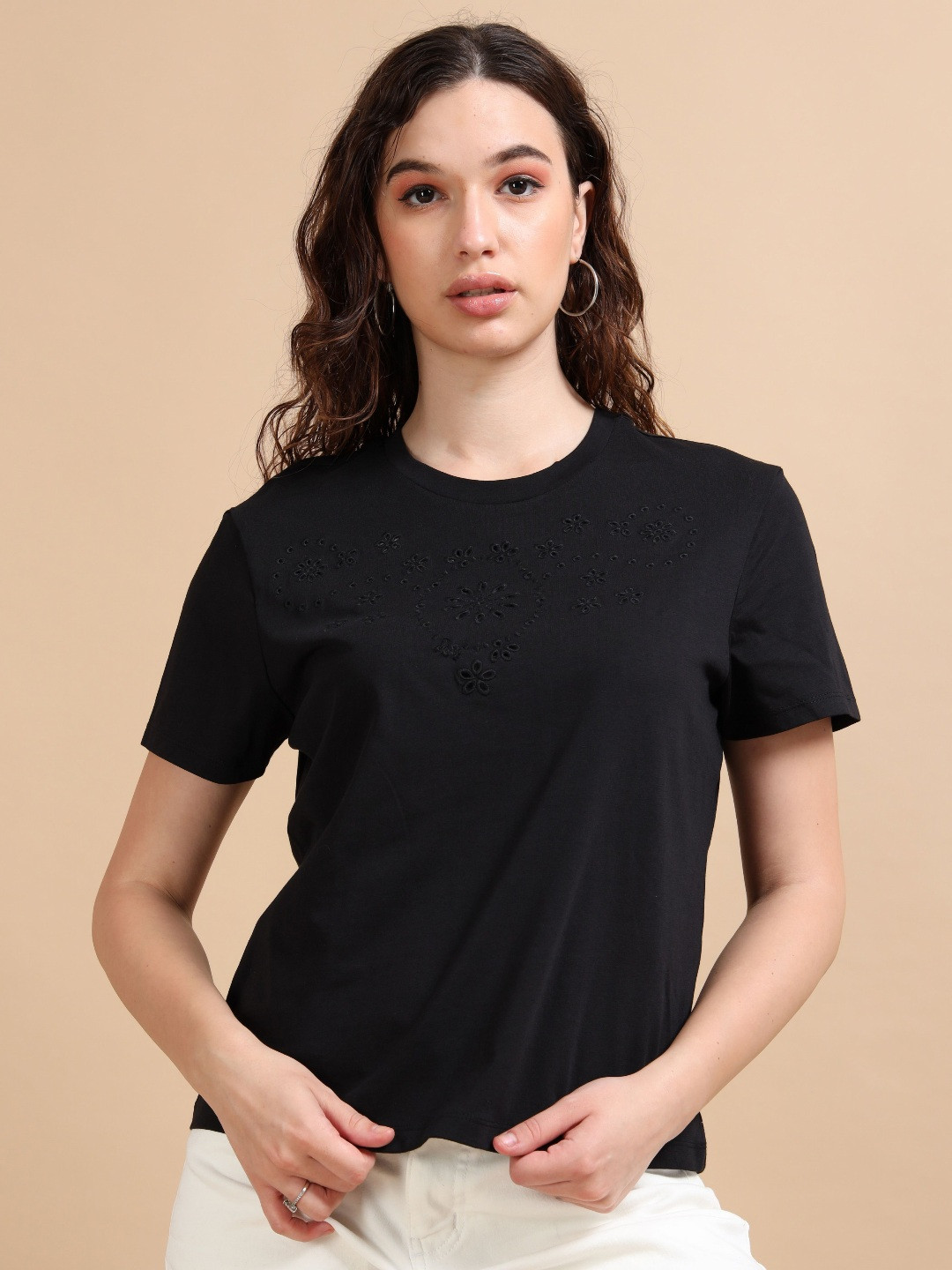 GLAM & CHIQUE Women's Pure Cotton Regular Fit Half Sleeve Schiffli Embroidered Tee