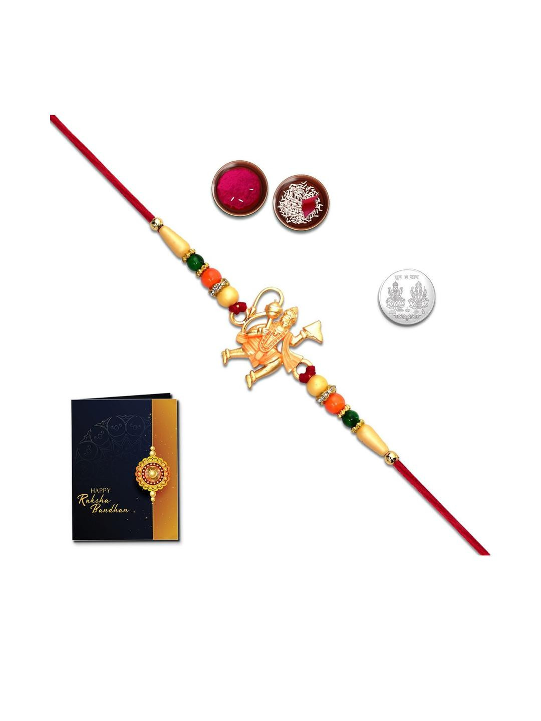 DeoDap Rakhi With Roli Chawal Silver Toned Coin & Greeting Card
