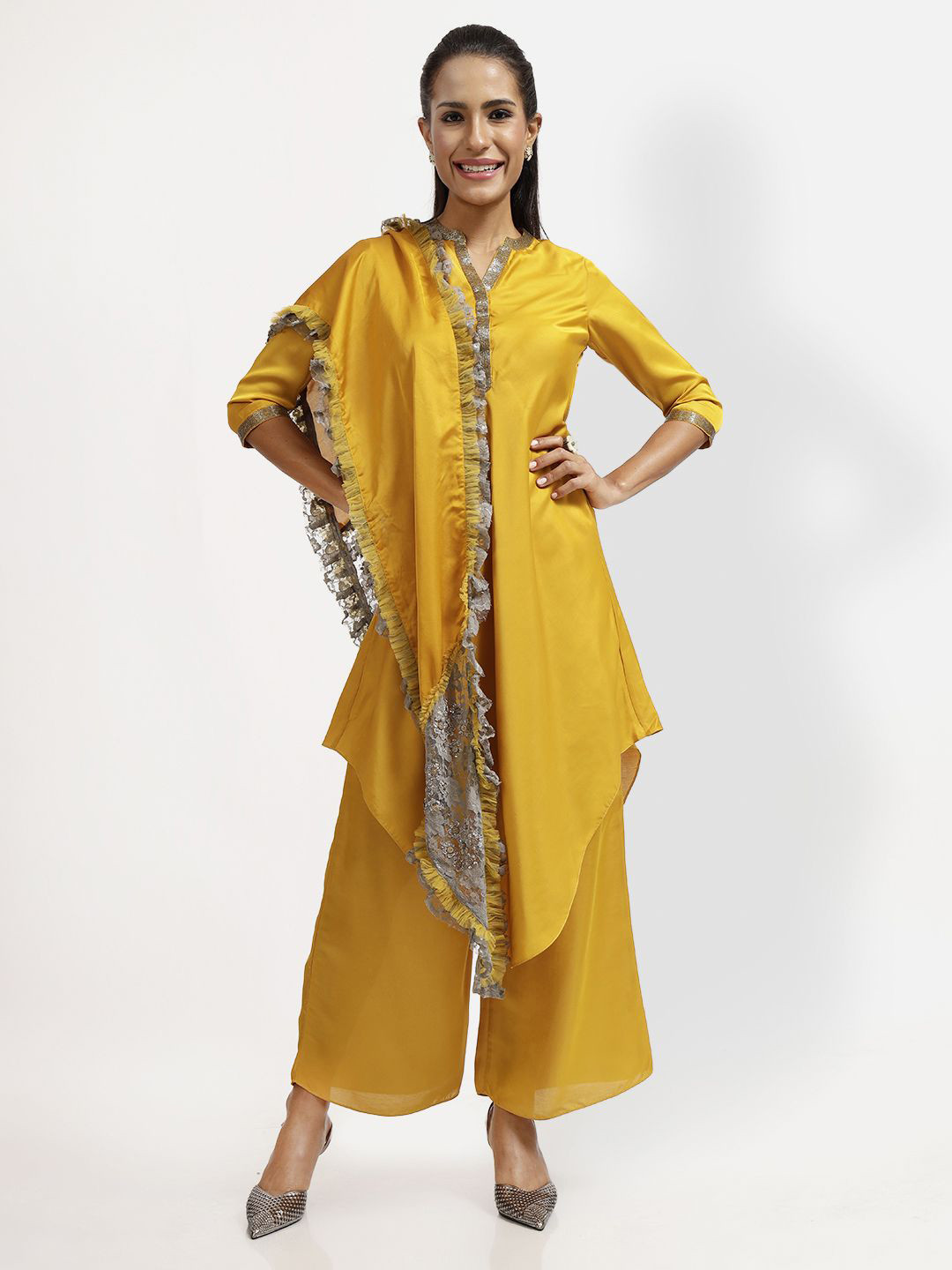 LELA Women Embroidered Embellished Flower Net Stole