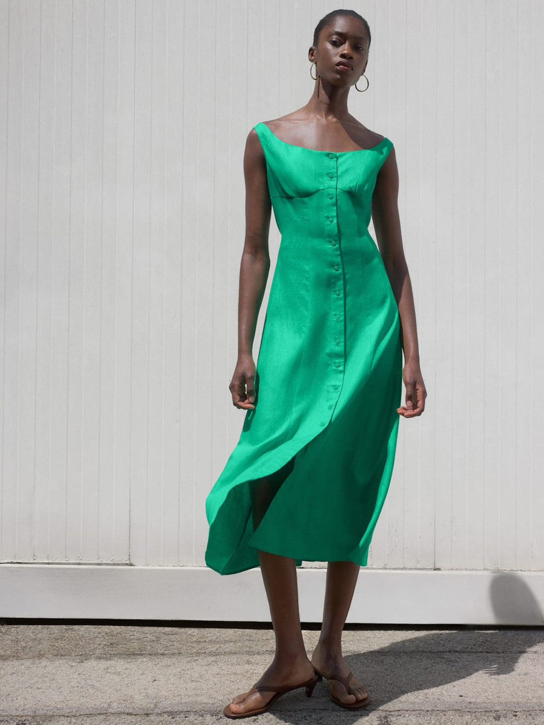 MANGO Boat Neck Button-Front Tie-Up Back A-Line Midi Dress