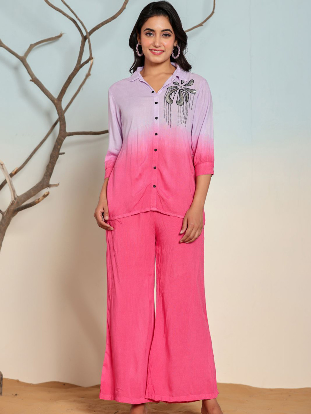 Zolo Label Ombre Embellished Shirt Collar Shirt With Trousers Co-Ords Set