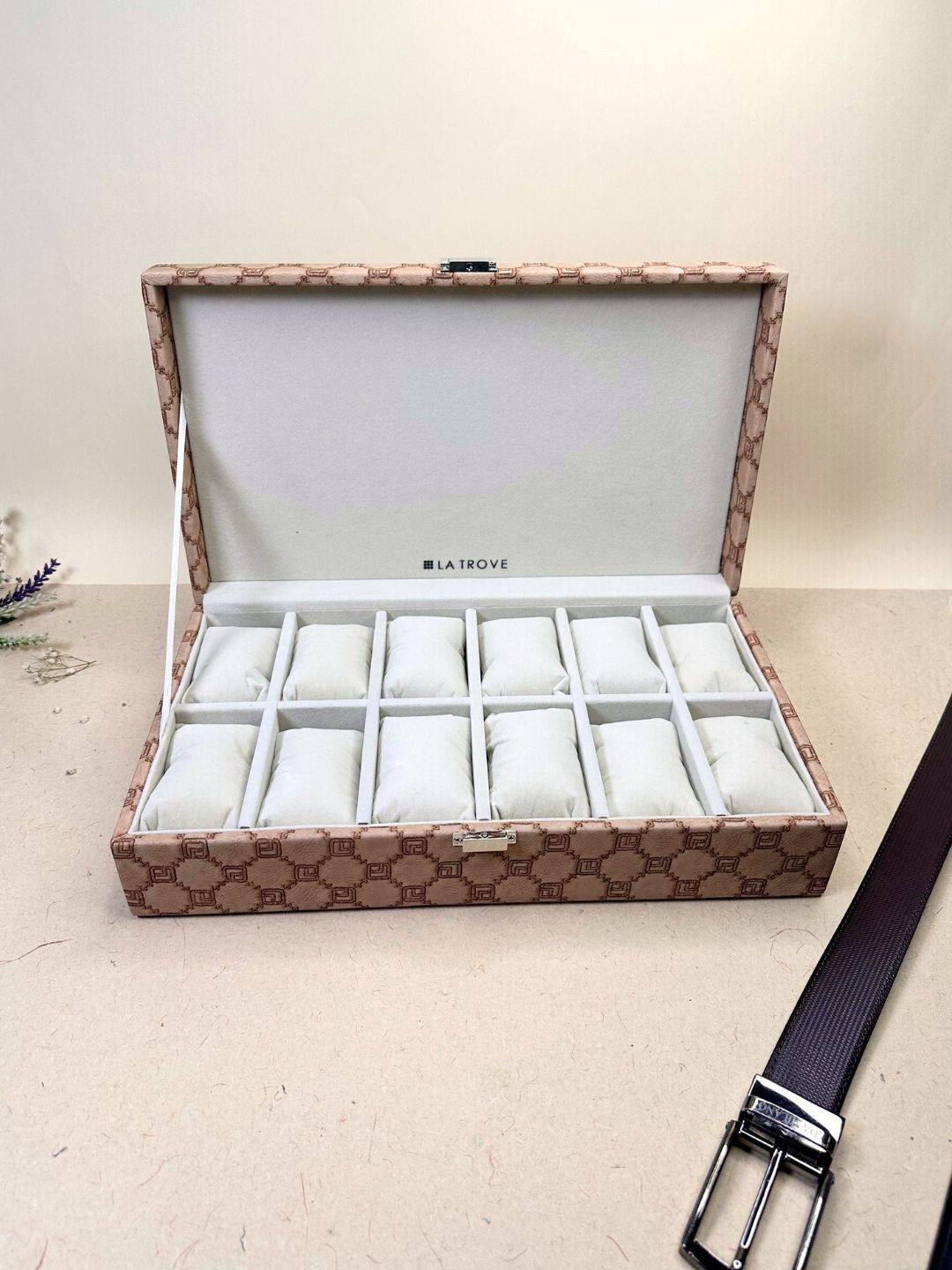 La Trove 12 Slot Champagne Leather Wrist Watch Organiser Closet Box