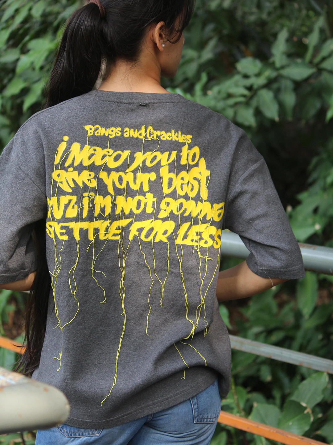 BANGS AND CRACKLES Typography Printed Drop-Shoulder Sleeves Pure Cotton T-shirt