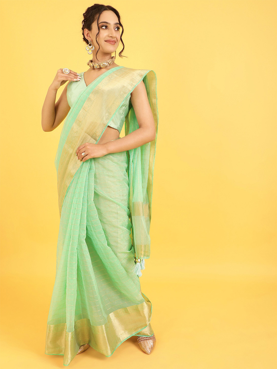 BEYOND ETHNIC Checked Zari Woven Organza Saree