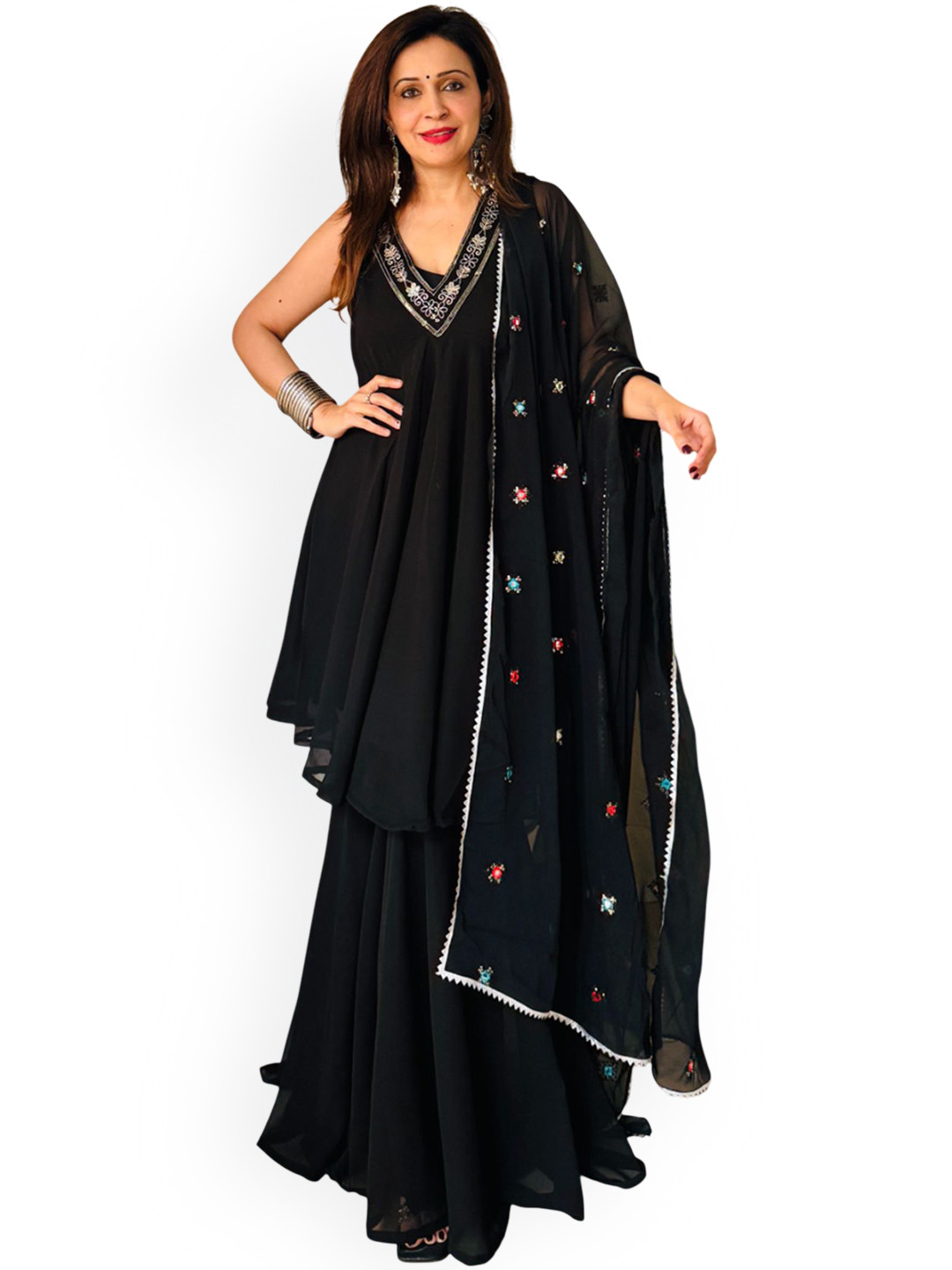 FFI Women Floral Embroidered Cotton Kurti with Sharara & Dupatta