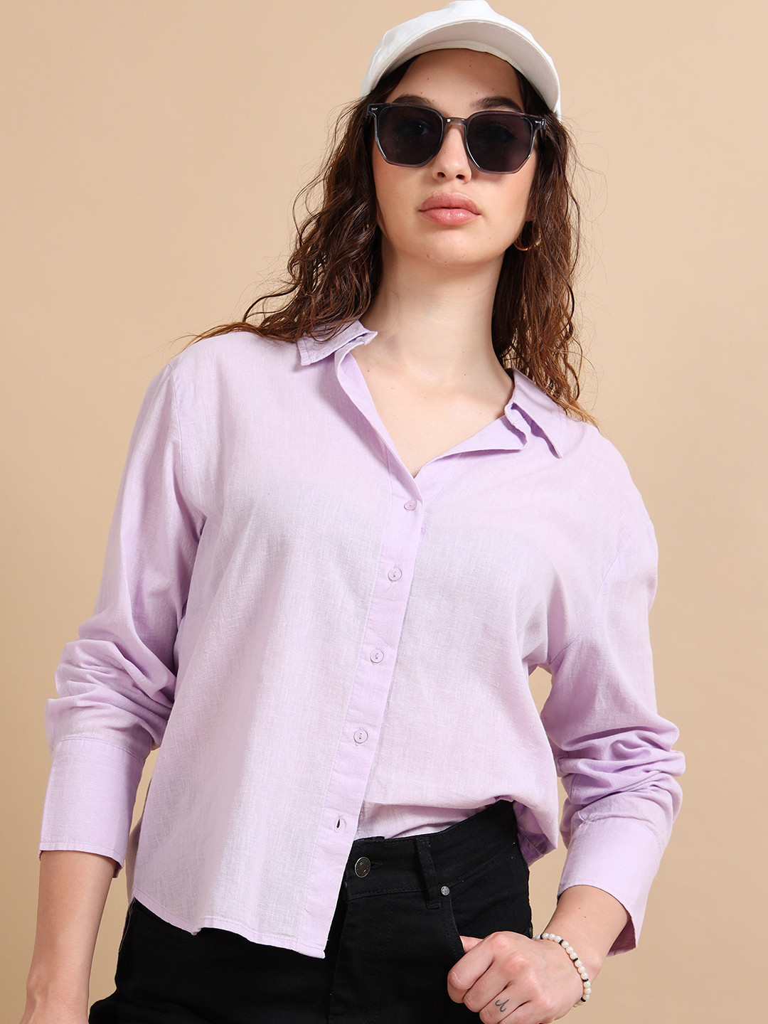 GLAM & CHIQUE Women's Regular Fit Full Sleeve Cotton-Linen Solid Shirt