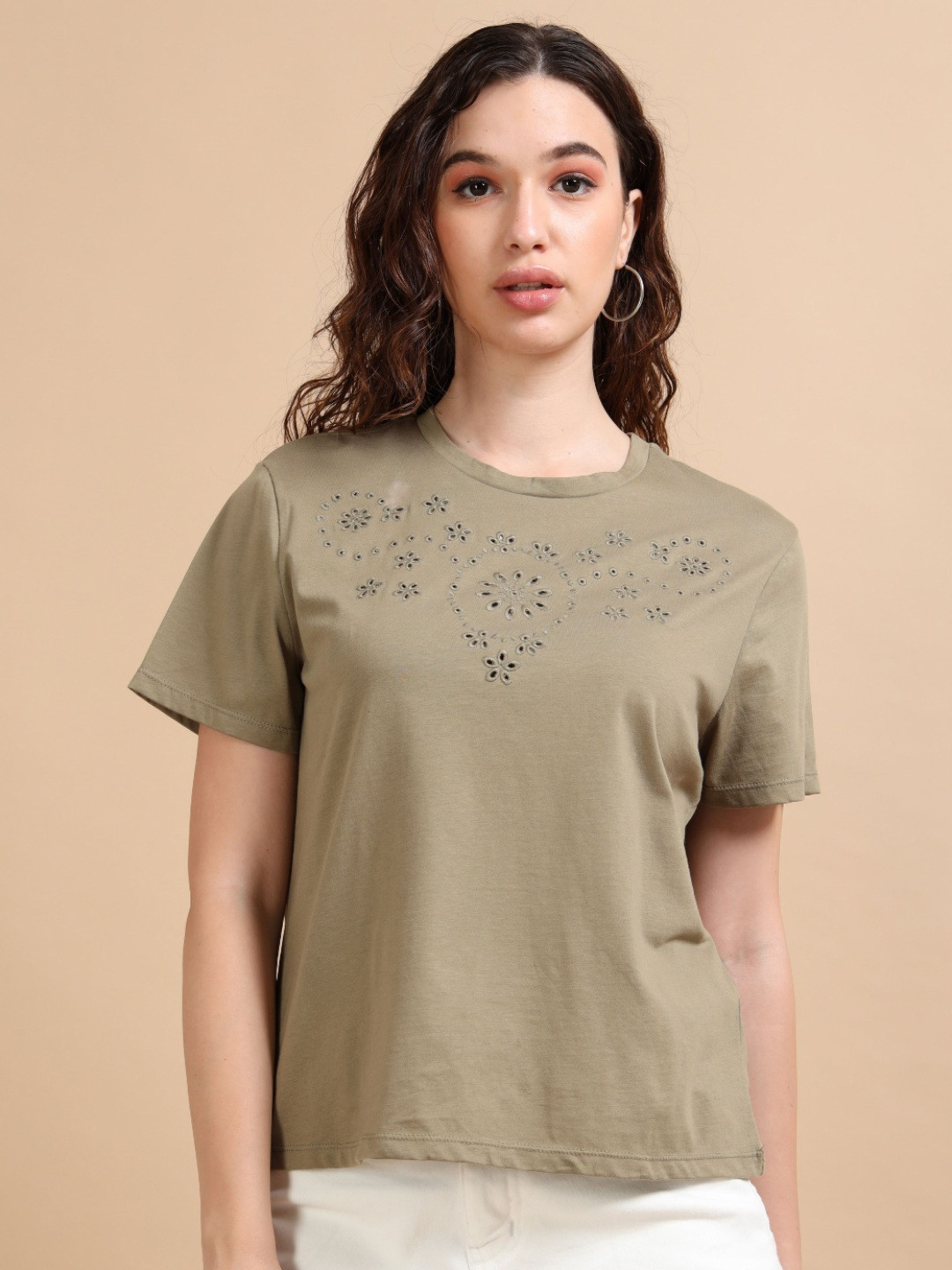 GLAM & CHIQUE Women's Pure Cotton Regular Fit Half Sleeve Schiffli Embroidered Tee