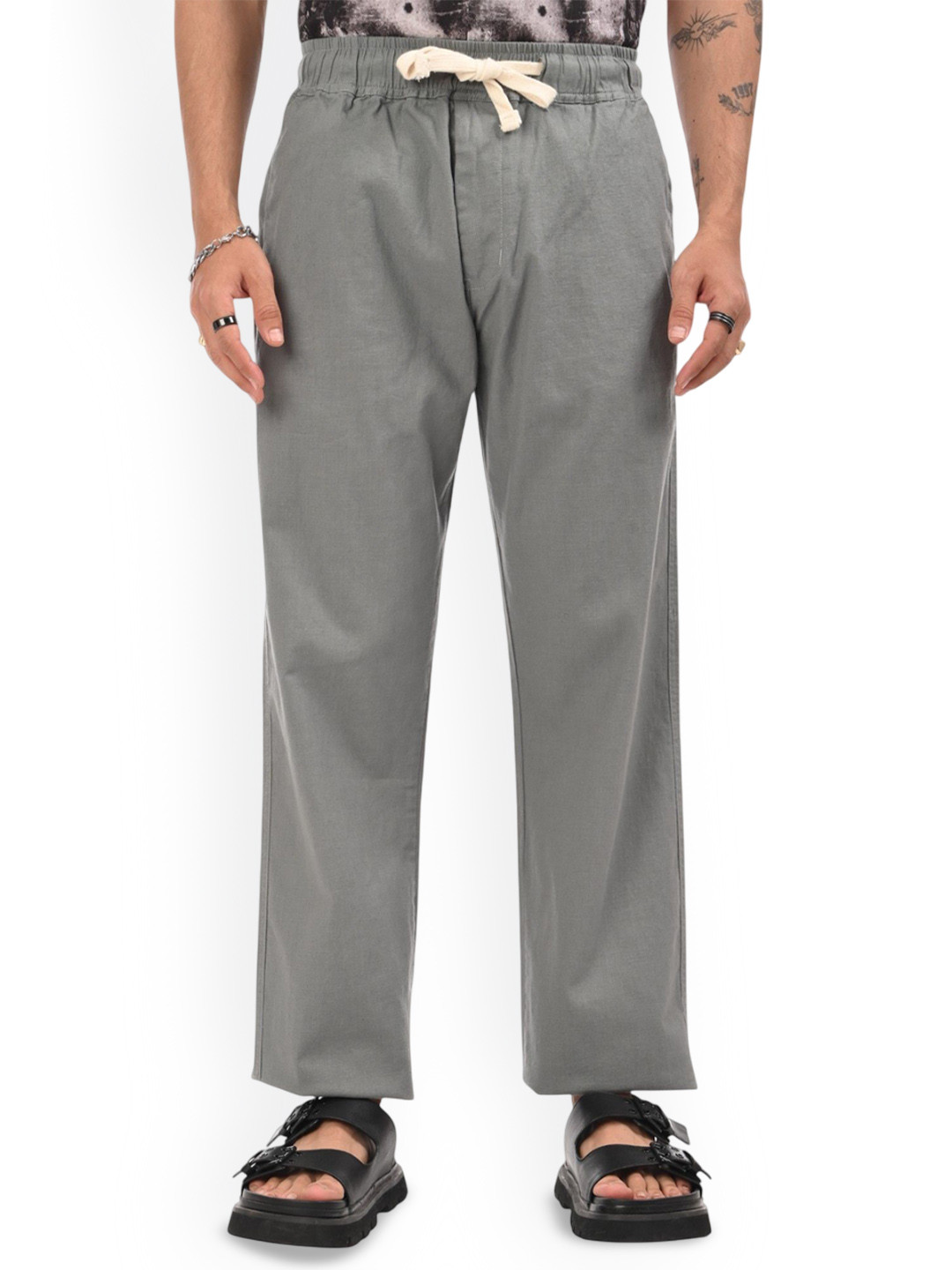 Estilocus Men Dark Gray Linen Blend Relaxed Straight Fit Joggers Trousers