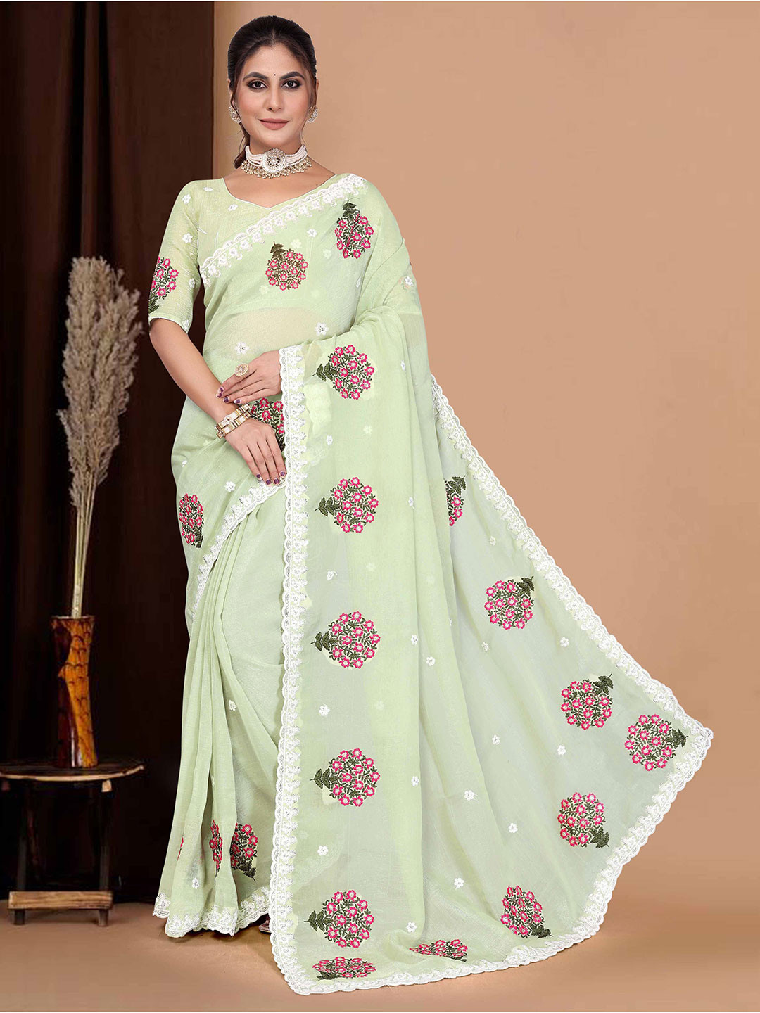 NANDKASHI Balika Embellished Embroidered Pure Georgette Saree