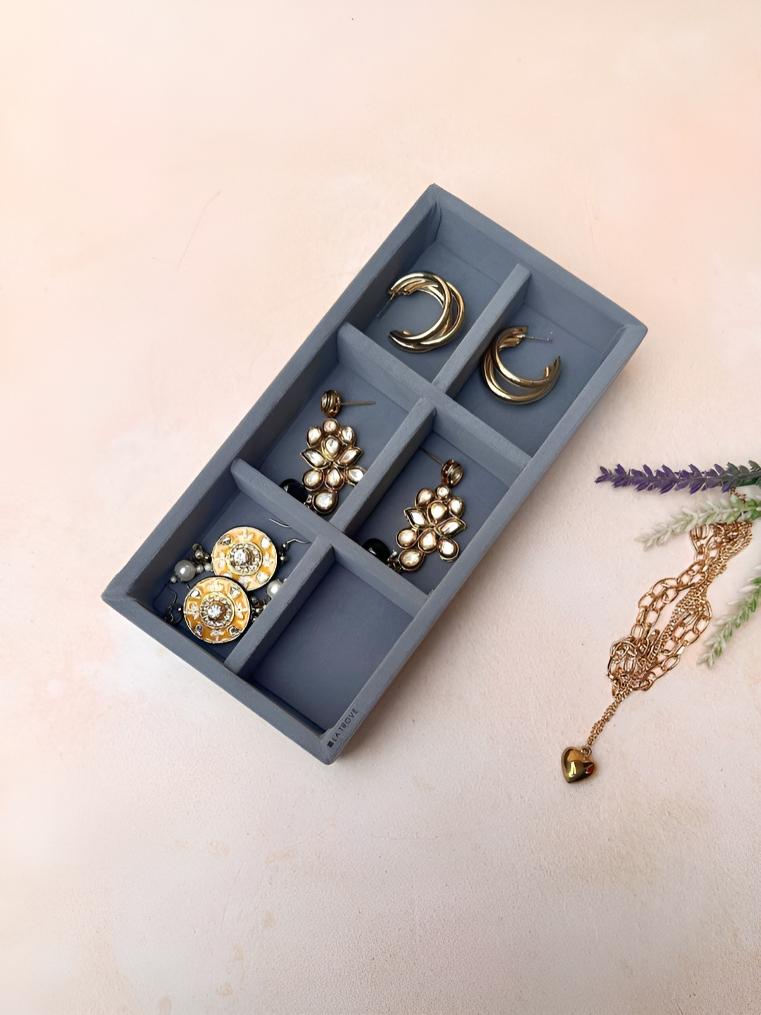 La Trove 6 Grid Grey Mini Velvet Jewellery Organizer Tray