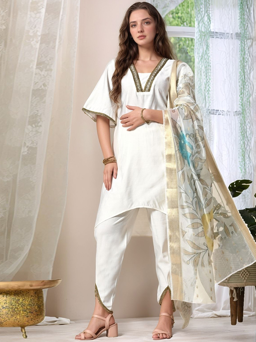 Sangria V-Neck Beads & Stone Work A-Line Kurta With Dhoti Pants & Dupatta