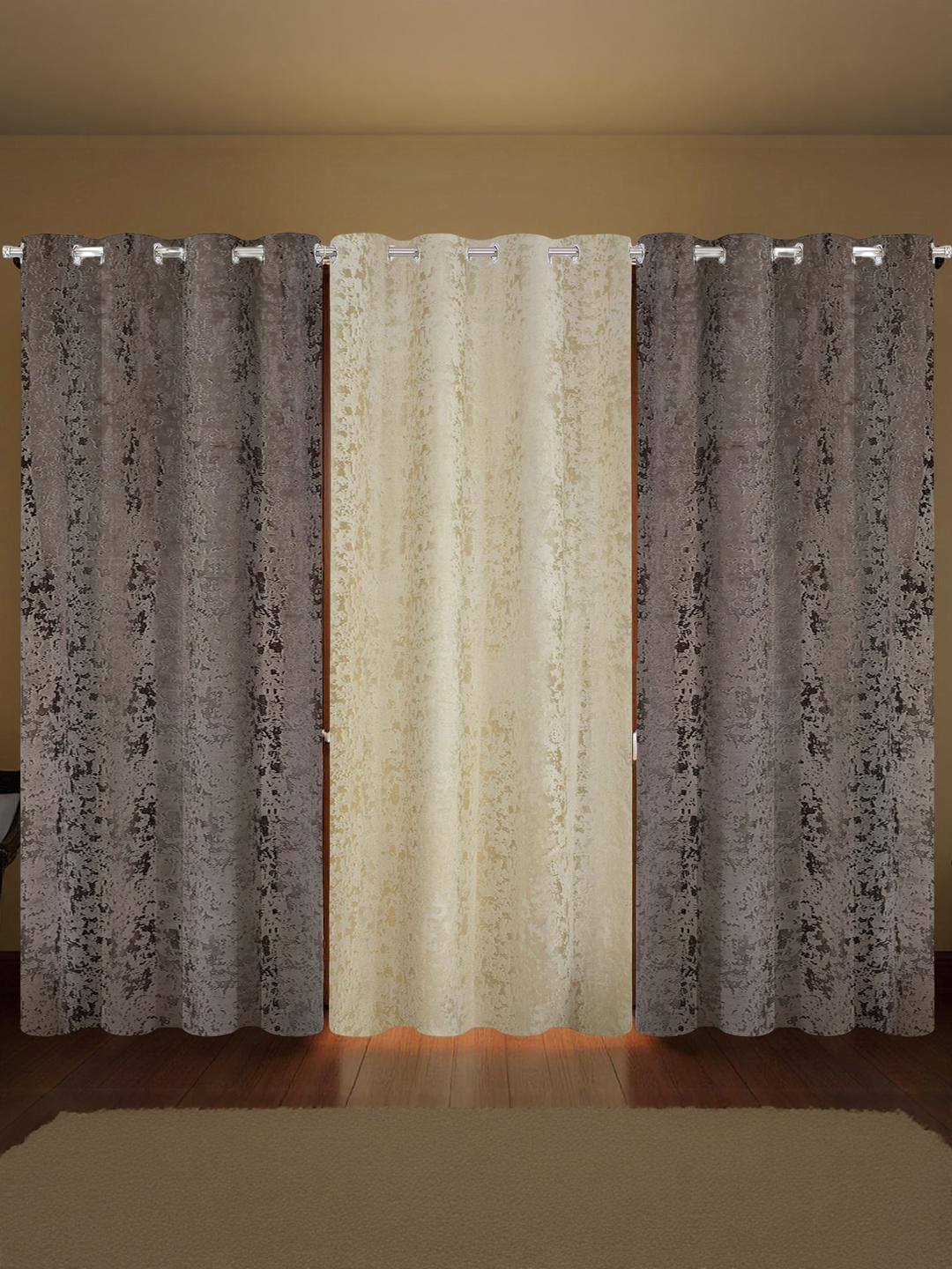 IVAZA Coffee Brown & Off White Set of 3 Black Out Long Door Curtain