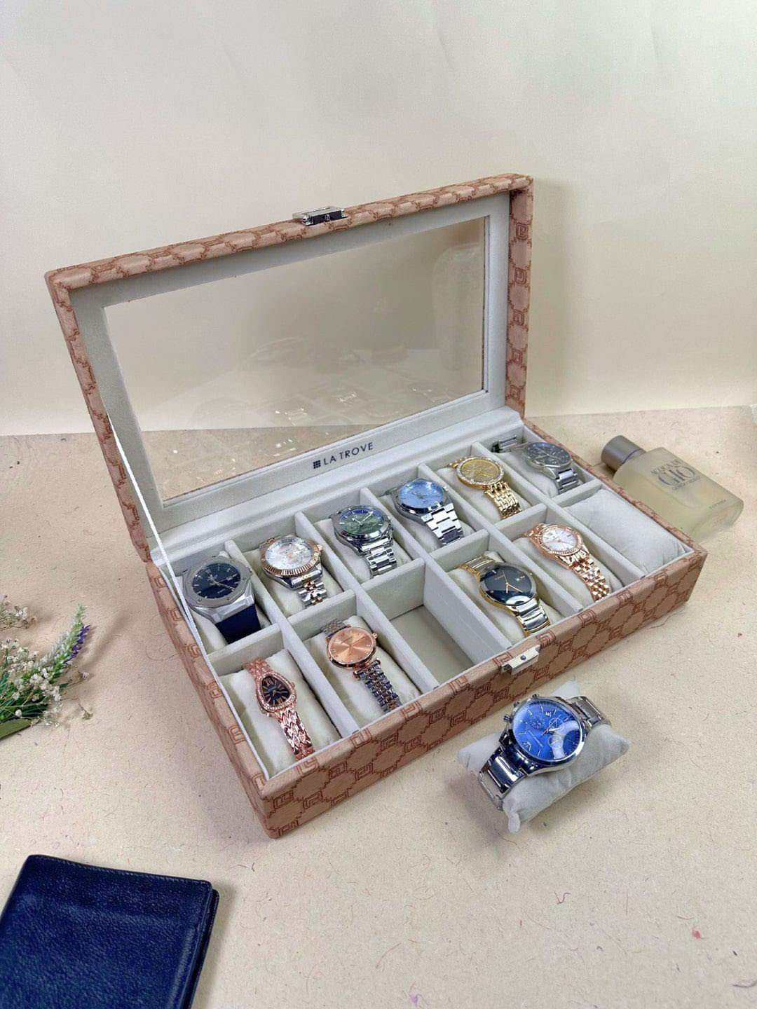 La Trove 10 Slot Champagne Leather Wrist Watch Organiser Closet Box