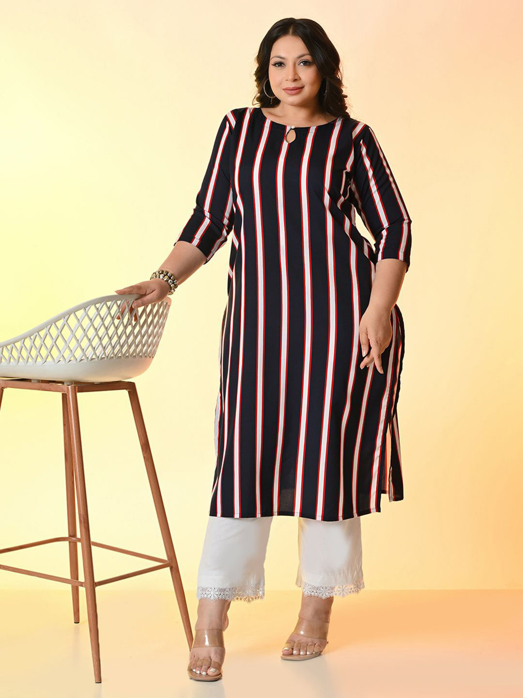 PrettyPlus by Desinoor.com Plus Size Printed Navy Striped Keyhole Neck Crepe Kurta