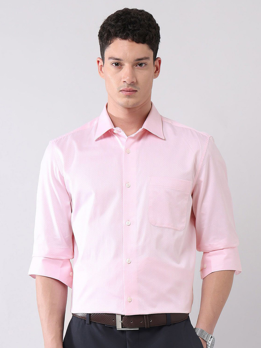 AD By Arvind Men Regular Fit Self Design Spread Collar Pure Cotton Formal Shirt