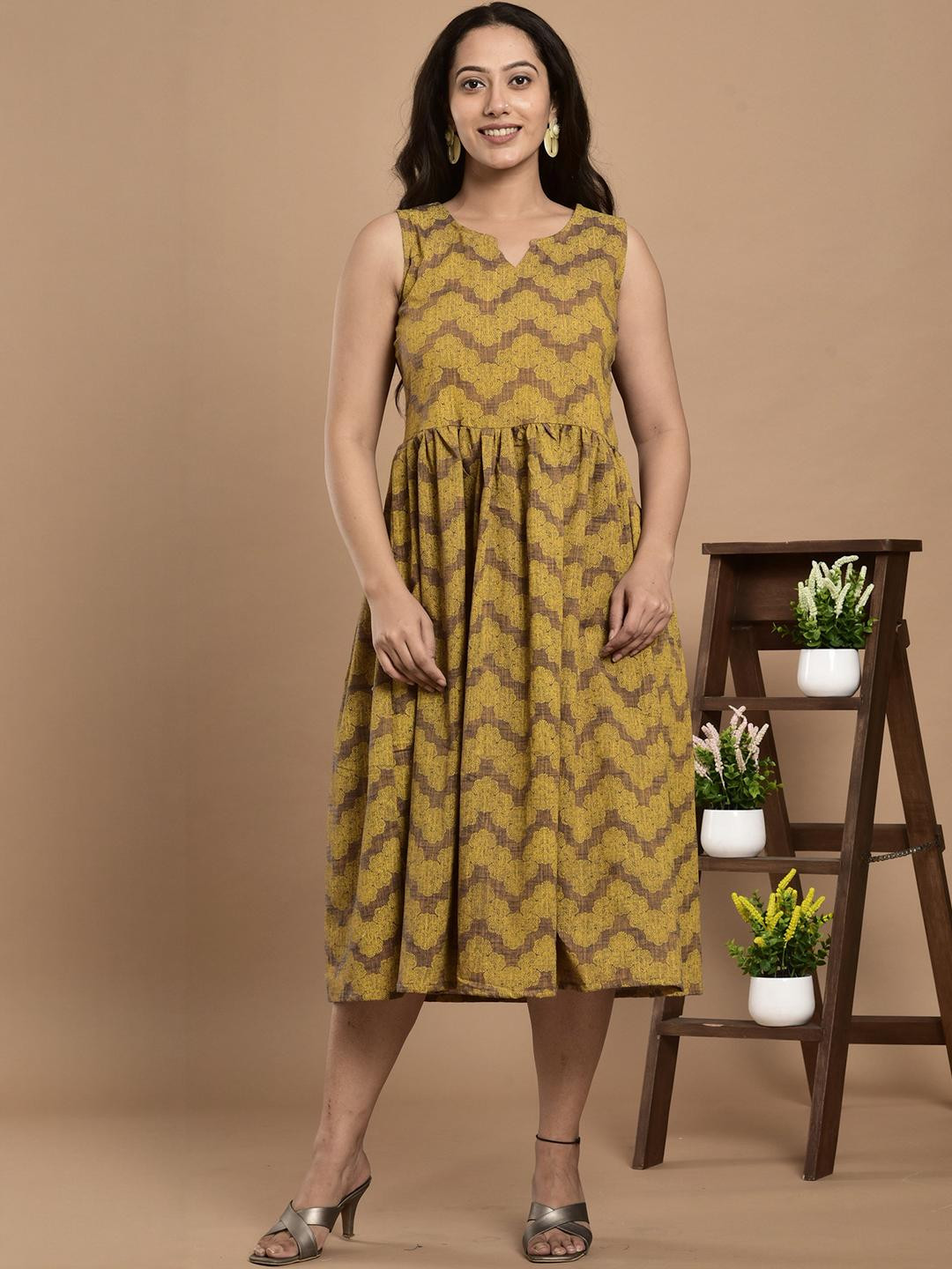 Indiwest Mustard & Brown Printed A-Line Sleeveless Kurta