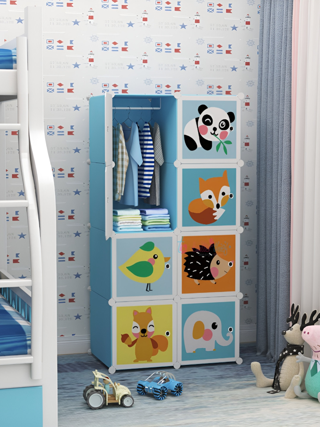 Butterthief Blue & White Cartoon Printed 8-Cubes Waterproof Collapsible Wardrobe