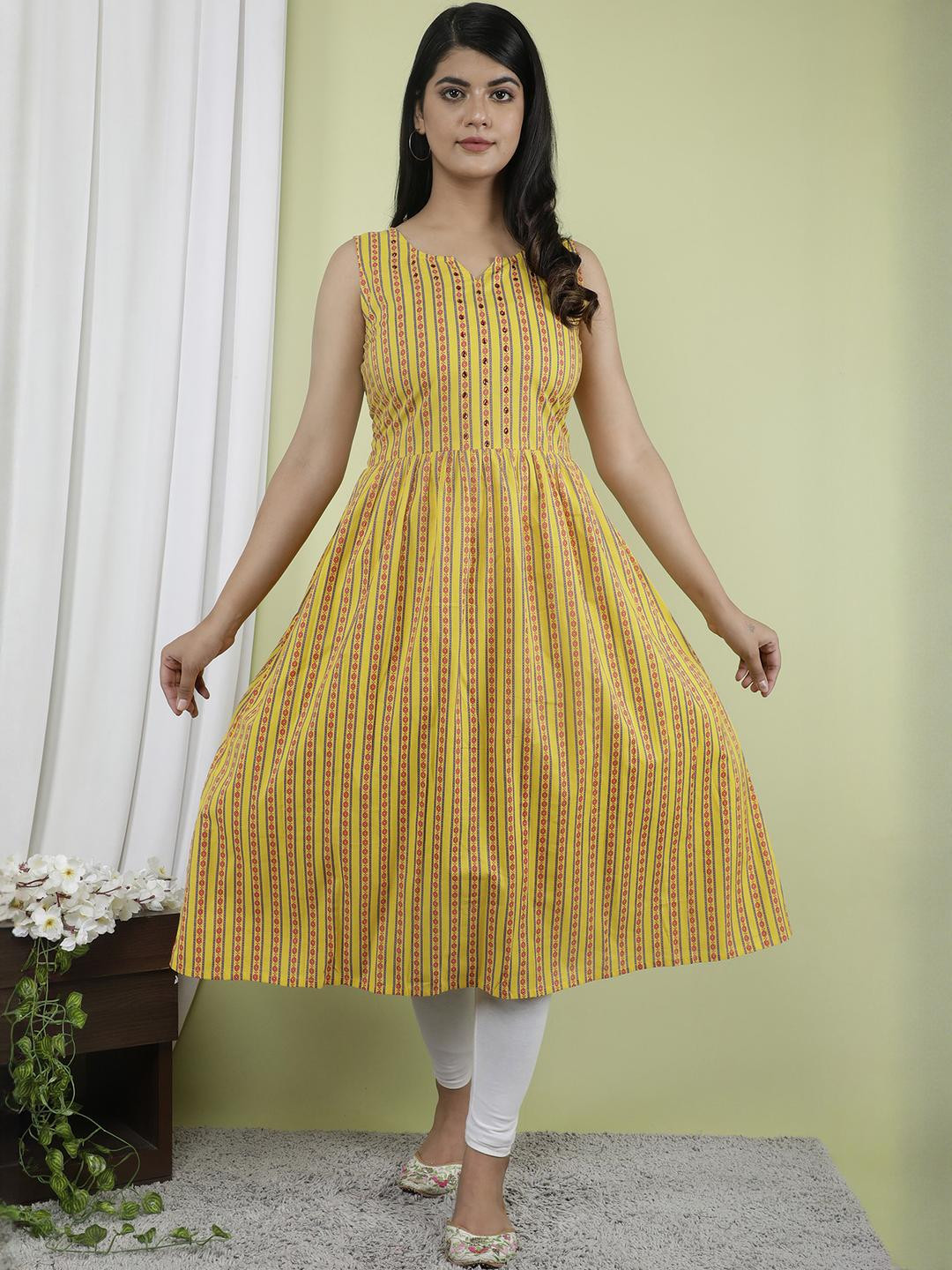 Indiwest Stripes Printed A-Line Flared Sleeveless Cotton Kurta