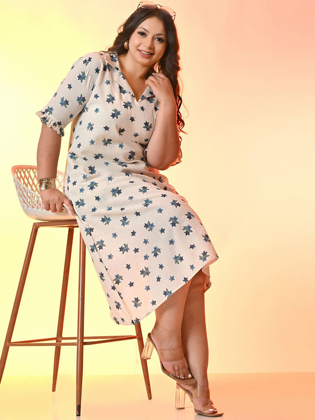 PrettyPlus by Desinoor.com Women Star Print A-Line Collared Midi Dress