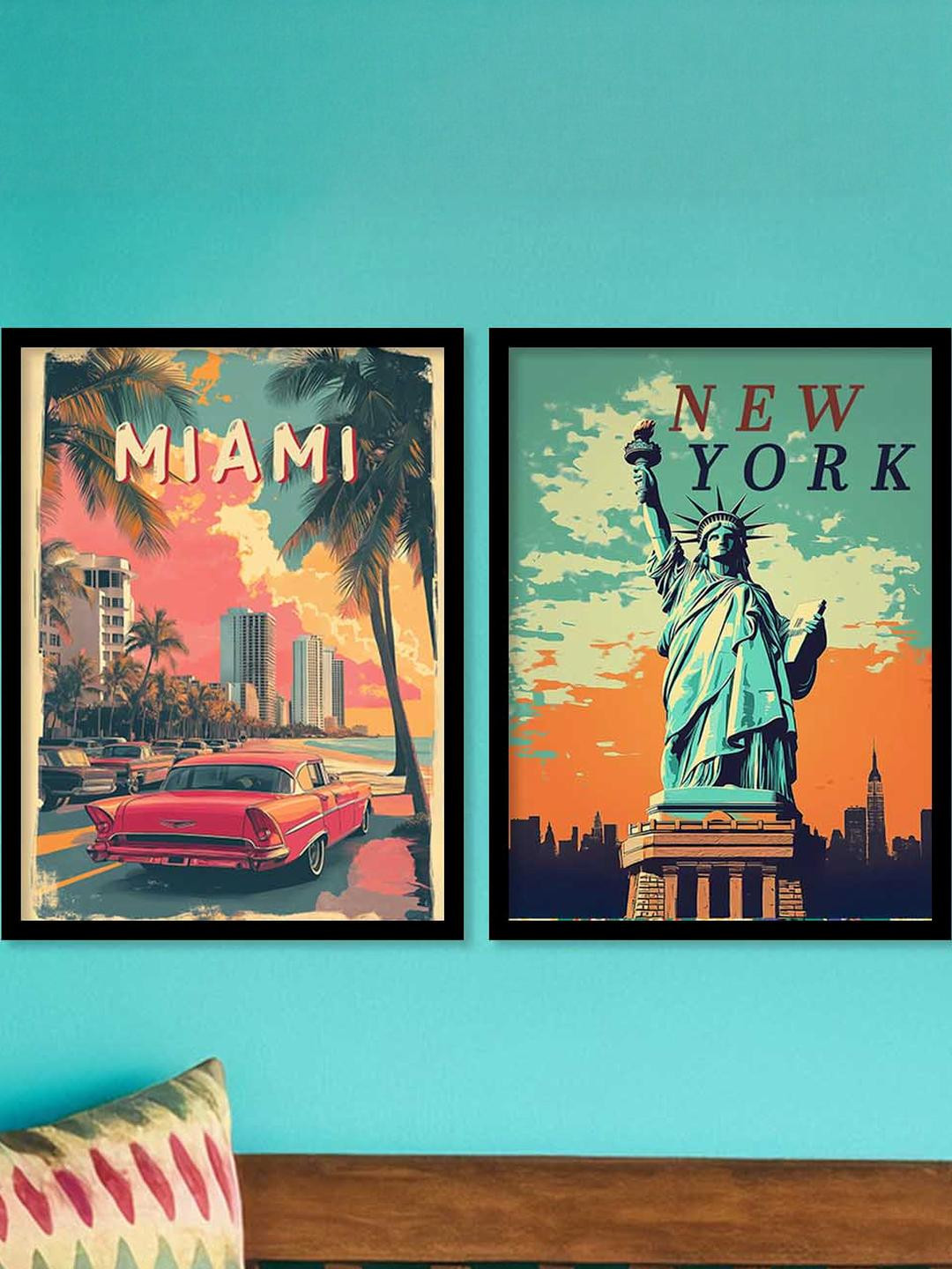 WALLLANE Travel Themed 2 Piece Wood Abstract Wall Paintings