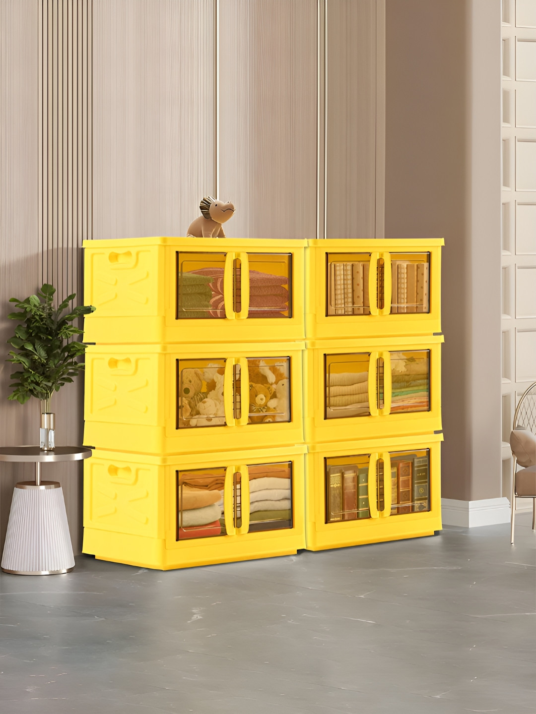 RUBOXA Yellow & Black 6 Pieces Double Door Storage Organiser With Lid & Wheels