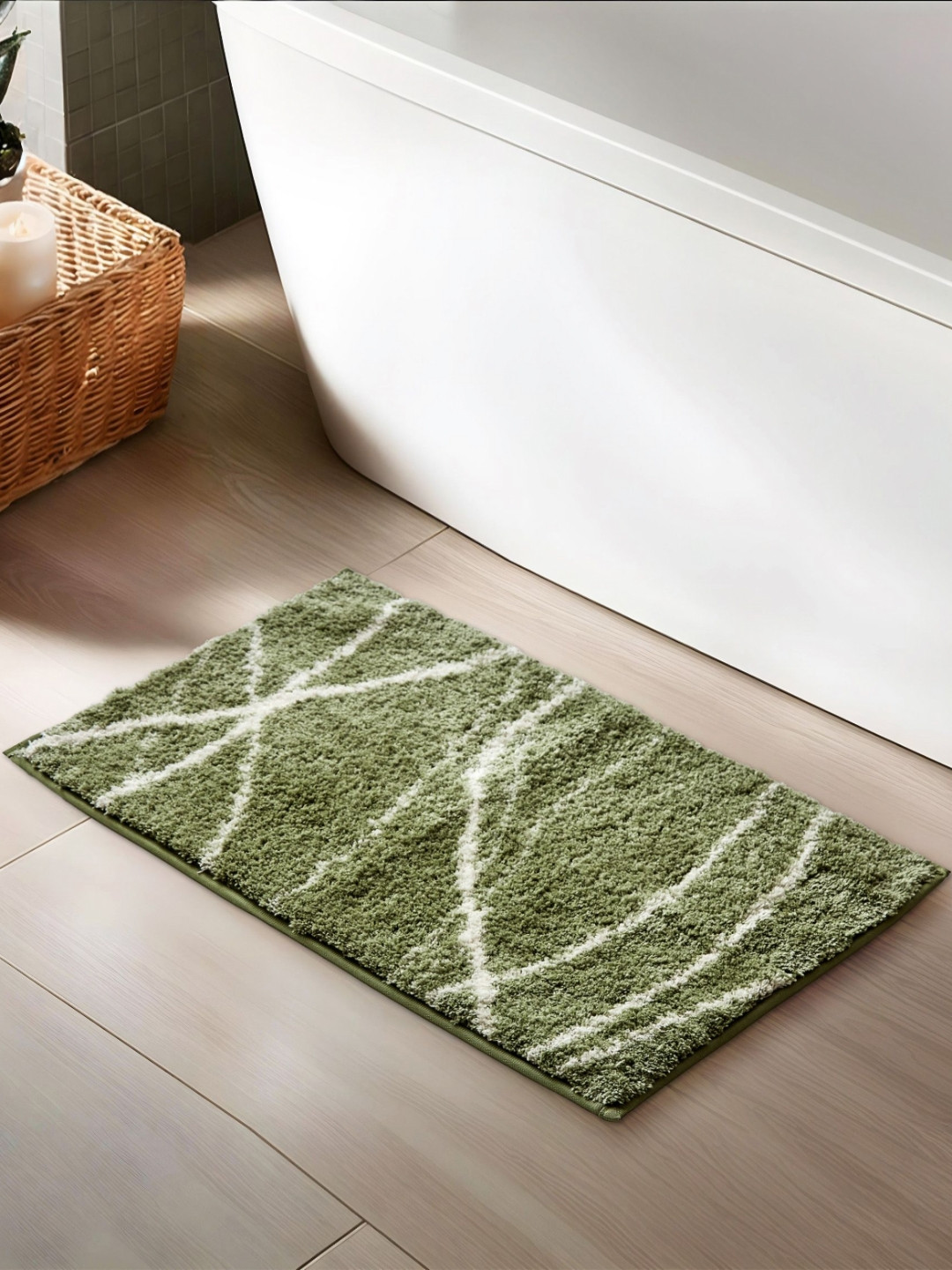 Home Centre Mekong Green & White Printed 1800 GSM Anti-Slip Bath Rugs
