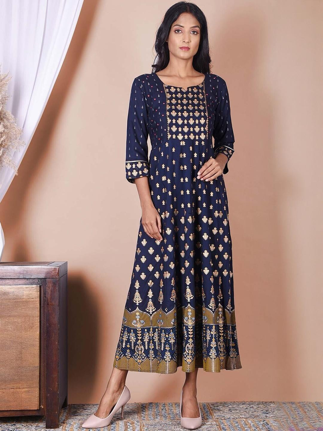Indiwest Blue & Golden Printed Rayon Kurta