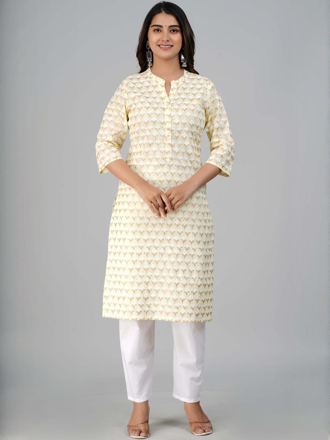 Indiwest Yellow Flower Printed Straight Cotton Kurta