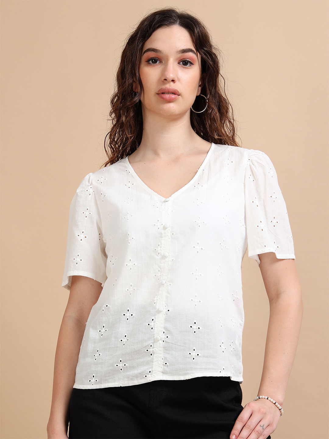 GLAM & CHIQUE Women's V-Neck Regular Fit Pure Cotton Half Sleeve Schiffli Embroidered Top