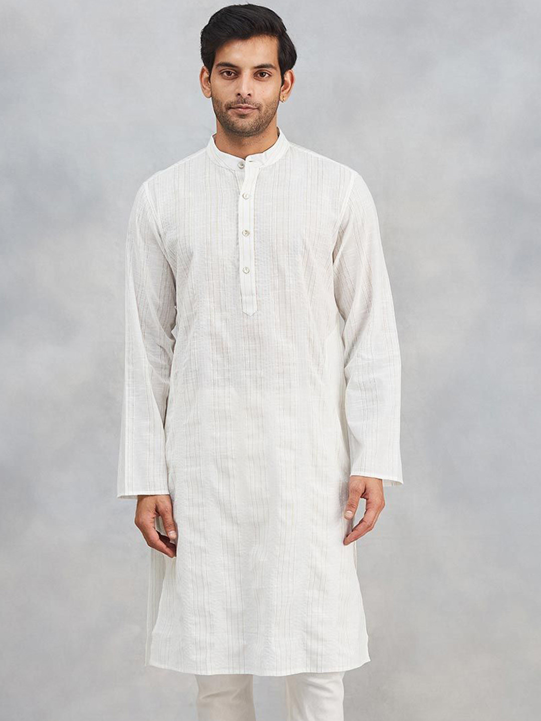Fabindia Striped Slim Fit Band Collar Natural Cotton Straight Kurta