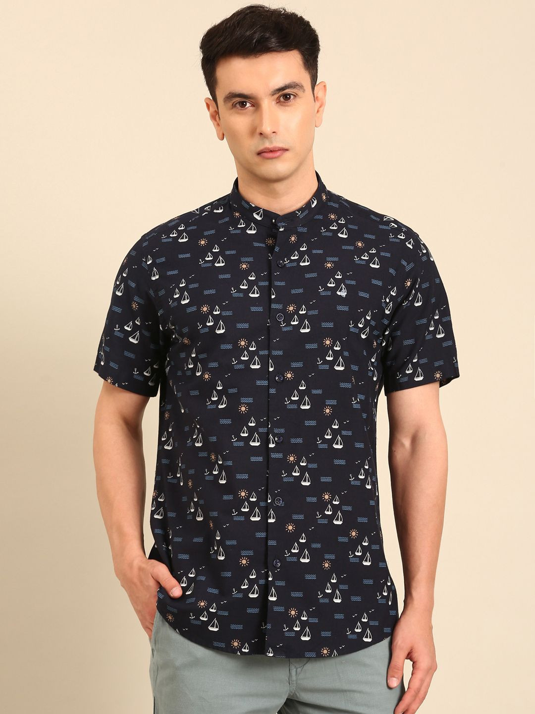 CAVALLO by Linen Club Slim Fit Graphic Printed Short Sleeves Cotton Linen Shirt