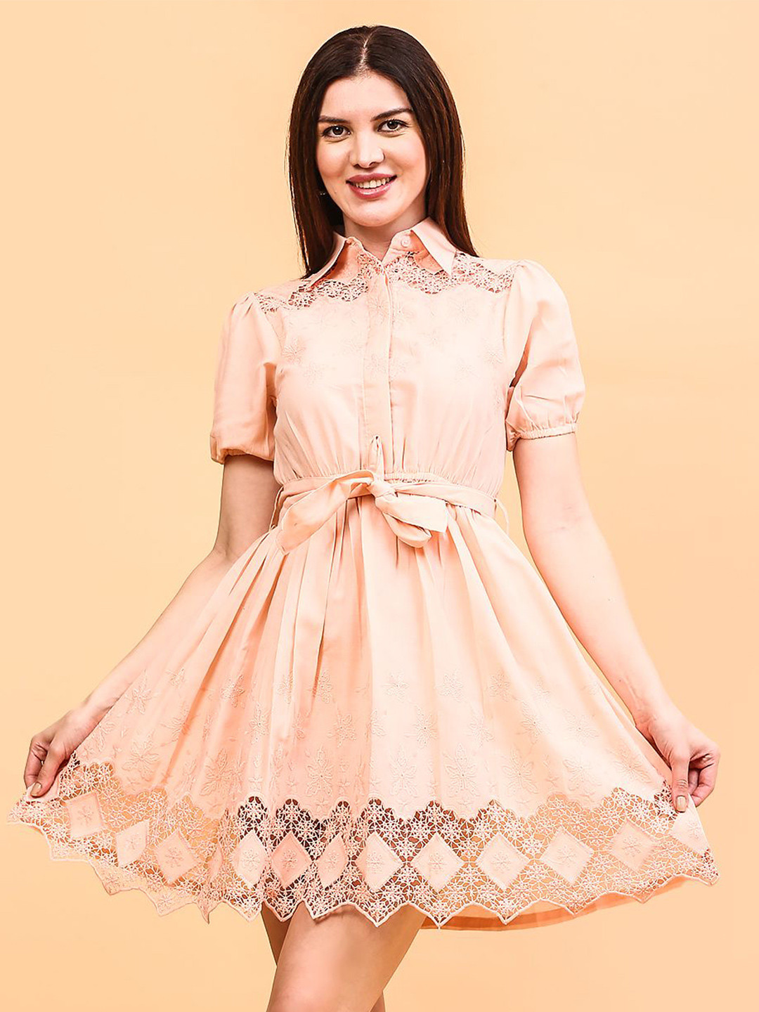 AKANYA Women Embroidered Shirt Collar Fit and Flare Mini Dress