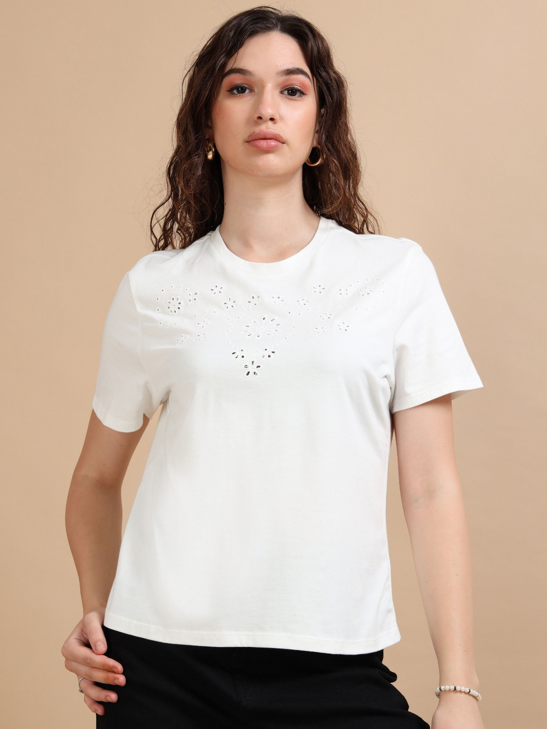 GLAM & CHIQUE Women's Pure Cotton Regular Fit Half Sleeve Schiffli Embroidered Tee