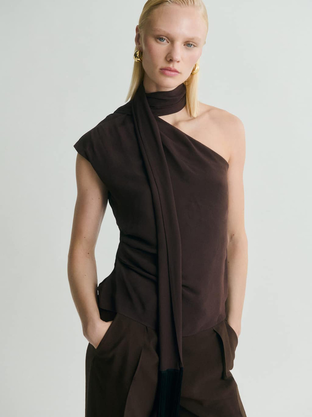 MANGO One Shoulder Scarf Neck with Fringe Detail Top