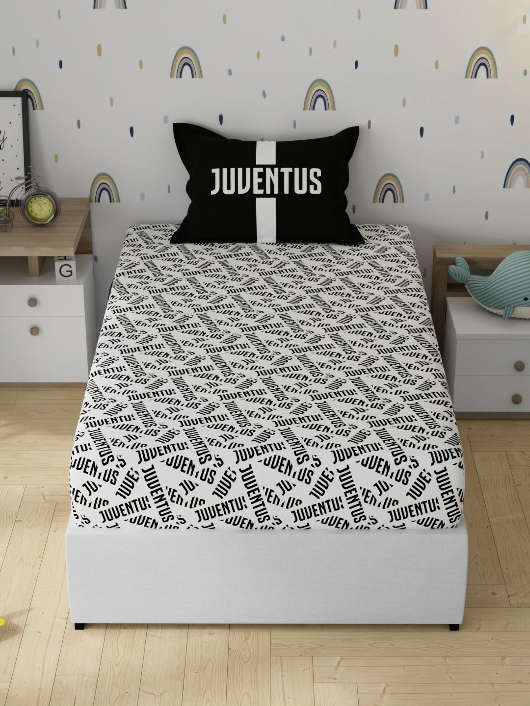 Portico License Juventus Black Printed Cotton 152 TC Single Bedsheet Set 1.50 m X 2.24 m