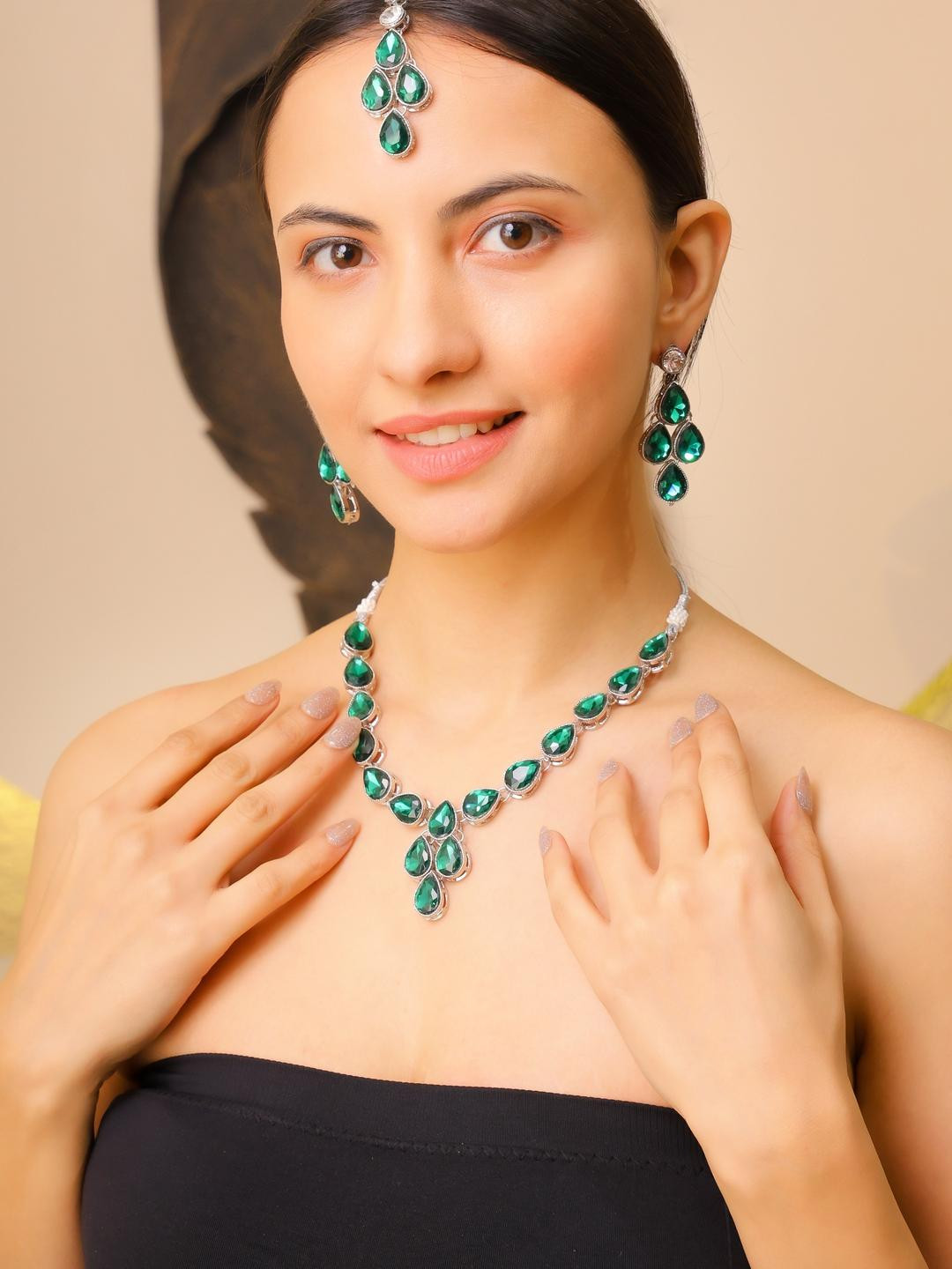 EIT Collection Silver Plated Zirconia Studded Jewelry Set with Maang Tikka