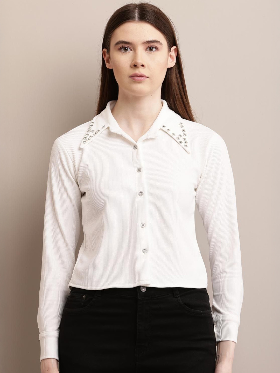 69 FASHION STREET Women New Slim Fit Vertical Striped Jewel Collar Casual Shirt