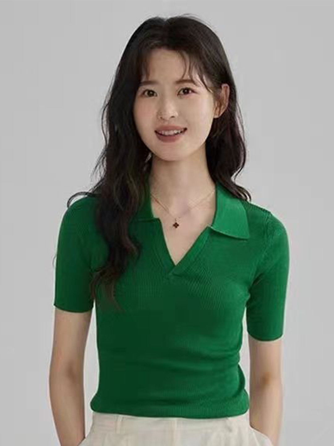 StyleCast x Revolte Women Green Ribbed Shirt Collar Top