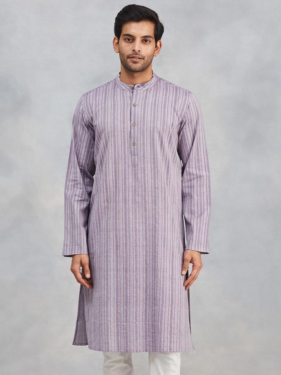 Fabindia Striped Band Collar Round Neck Cotton Straight Kurta