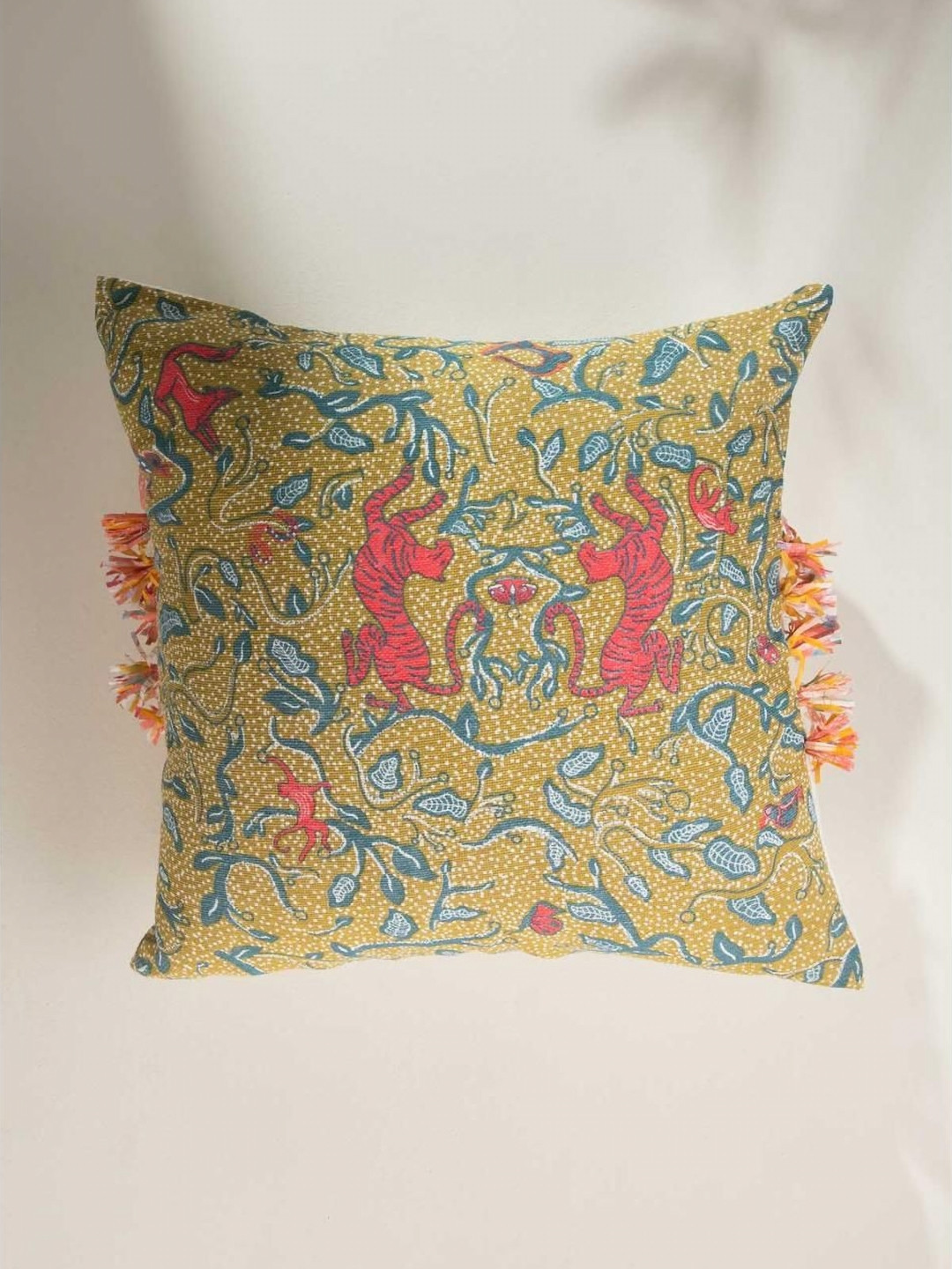 FREEDOM TREE Kabini Yellow & Pink Printed Cotton Square Cushion Cover